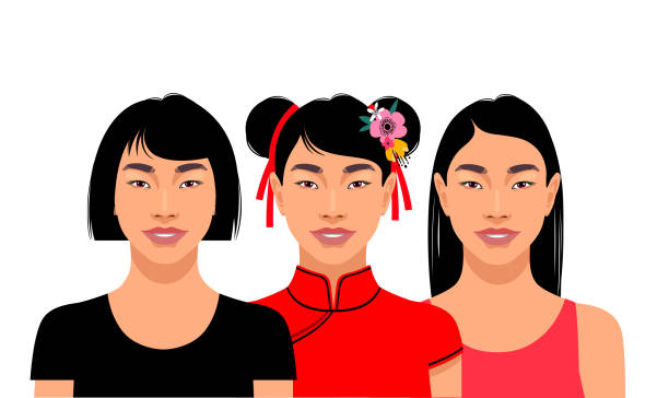 ilustrações de stock, clip art, desenhos animados e ícones de three young attractive asian women - clothing traditional culture chinese culture black