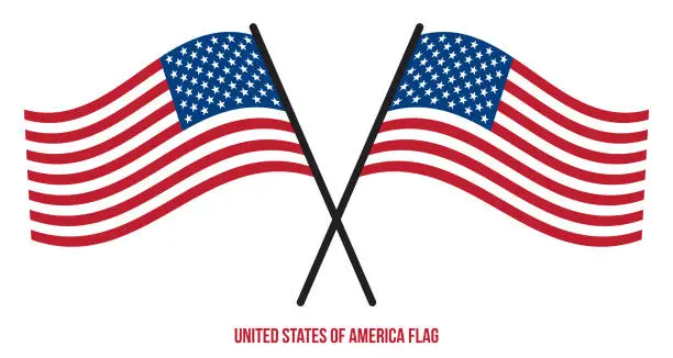 Vector illustration of Two Crossed Waving United States Flag On Isolated White Background.