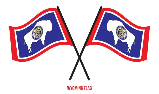 Vector illustration of Two Crossed Waving Wyoming Flag On Isolated White Background.