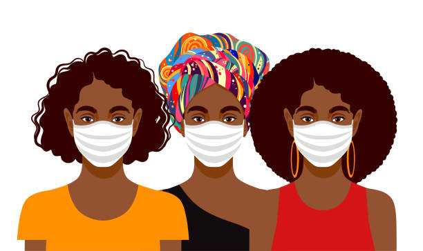 illustrations, cliparts, dessins animés et icônes de jeunes femmes portant des masques de protection - vector multi colored colors healthcare and medicine