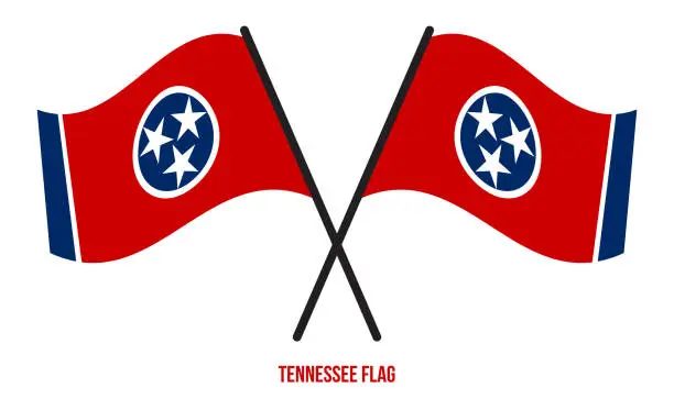 Vector illustration of Two Crossed Waving Tennessee Flag On Isolated White Background.