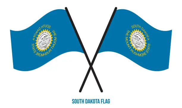 Vector illustration of Two Crossed Waving South Dakota Flag On Isolated White Background.