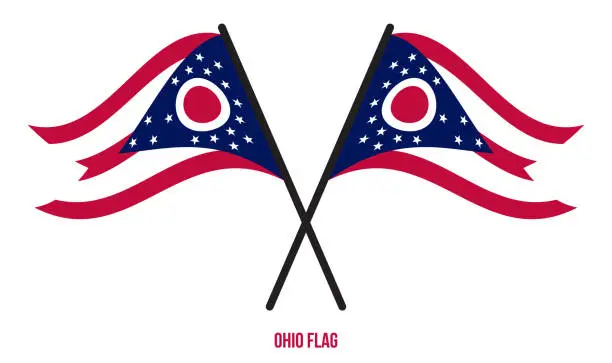 Vector illustration of Two Crossed Waving Ohio Flag On Isolated White Background.