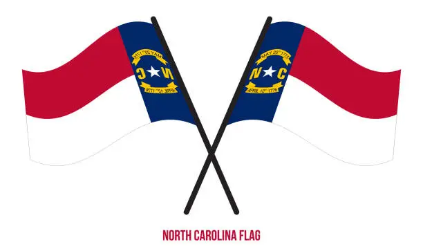 Vector illustration of Two Crossed Waving North Carolina Flag On Isolated White Background.