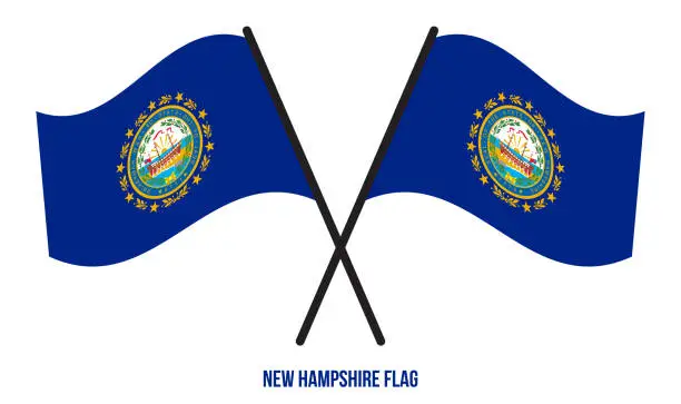 Vector illustration of Two Crossed Waving New Hampshire Flag On Isolated White Background.