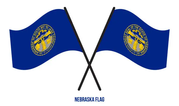 Vector illustration of Two Crossed Waving Nebraska Flag On Isolated White Background.
