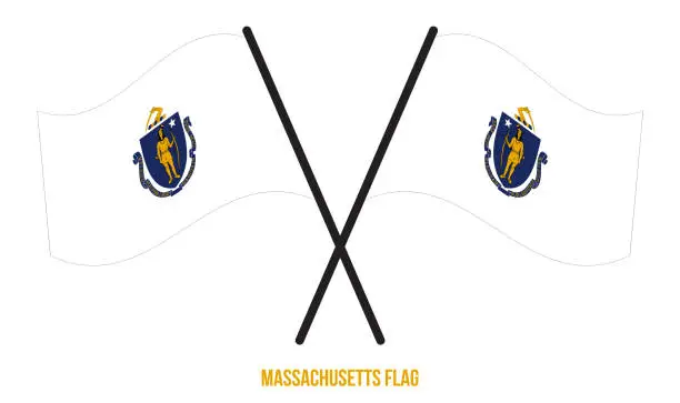 Vector illustration of Two Crossed Waving Massachusetts Flag On Isolated White Background.
