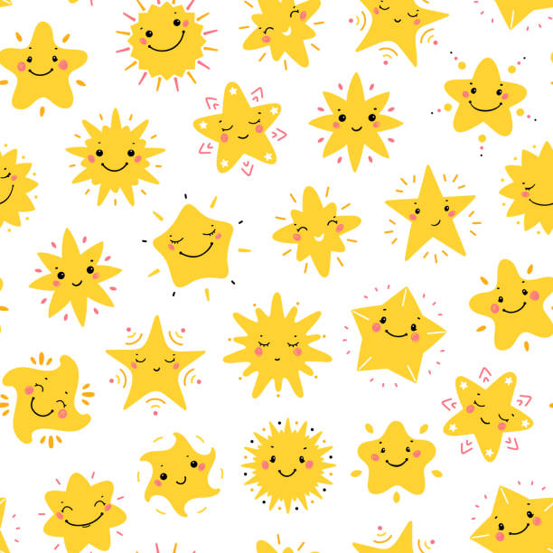 illustrations, cliparts, dessins animés et icônes de cute little stars vector seamless pattern. sky background avec kawaii smiling star icons for kids fashion, nursery, baby shower scandinavian design - star star shape sky night