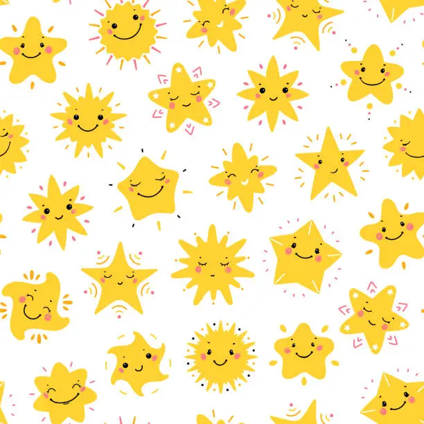 Vector illustration of Cute Little Stars Vector Seamless Pattern. Sky Background with Kawaii Smiling Star Icons for Kids Fashion, Nursery, Baby Shower Scandinavian Design