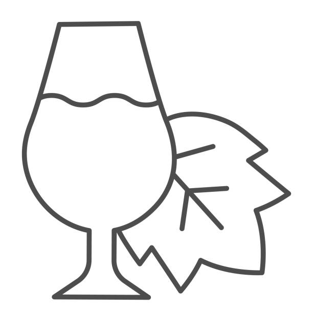 ilustrações, clipart, desenhos animados e ícones de folha de uva e um ícone de linha fina de vinho. copo de vinho cheio com pictograma estilo contorno folha em fundo branco. placas de vinícolas para conceito móvel e web design. gráficos vetoriais. - champagne flute champagne black wineglass