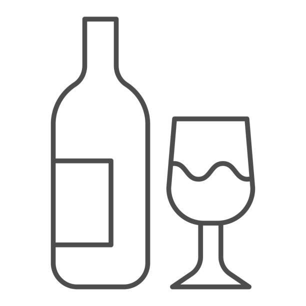 ilustrações, clipart, desenhos animados e ícones de ícone de linha fina de vidro e garrafa. garrafa de vinho e pictograma estilo de contorno de vinho no fundo branco. placas de vinícolas para conceito móvel e web design. gráficos vetoriais. - champagne flute champagne black wineglass