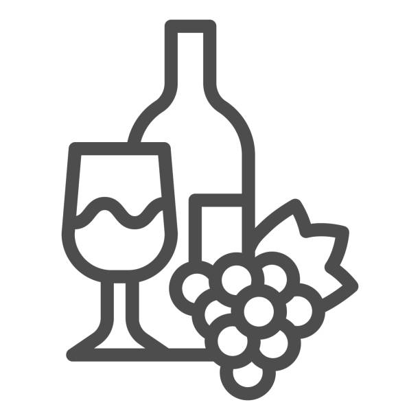 ilustrações, clipart, desenhos animados e ícones de garrafa, taça de vinho e um monte de ícones da linha de uvas. vinho com vinho e pictograma estilo contorno de uva no fundo branco. placas de vinícolas para conceito móvel e web design. gráficos vetoriais. - champagne flute champagne black wineglass