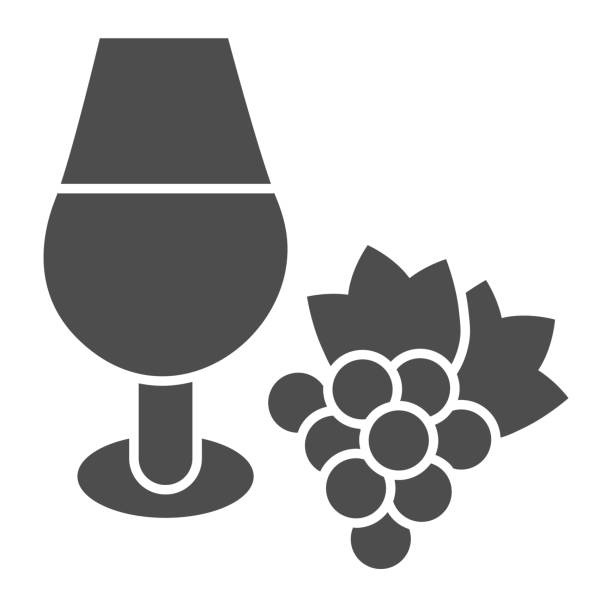 ilustrações, clipart, desenhos animados e ícones de taça de vinho e um monte de uvas ícone sólido. taça de vinho cheia e uva com pictograma estilo glifo folha no fundo branco. placas de vinícolas para conceito móvel e web design. gráficos vetoriais. - champagne flute champagne black wineglass