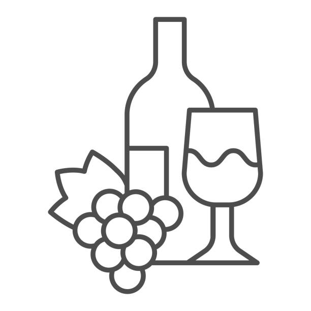 ilustrações, clipart, desenhos animados e ícones de garrafa, taça de vinho e um monte de uvas ícone de linha fina. vinho com vinho e pictograma estilo contorno de uva no fundo branco. placas de vinícolas para conceito móvel e web design. gráficos vetoriais. - champagne flute champagne black wineglass