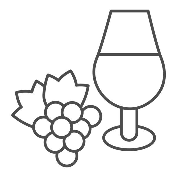 ilustrações, clipart, desenhos animados e ícones de taça de vinho e um monte de uvas ícone de linha fina. vidro de vinho completo e uva com pictograma estilo contorno folha em fundo branco. placas de vinícolas para conceito móvel e web design. gráficos vetoriais. - champagne flute champagne black wineglass