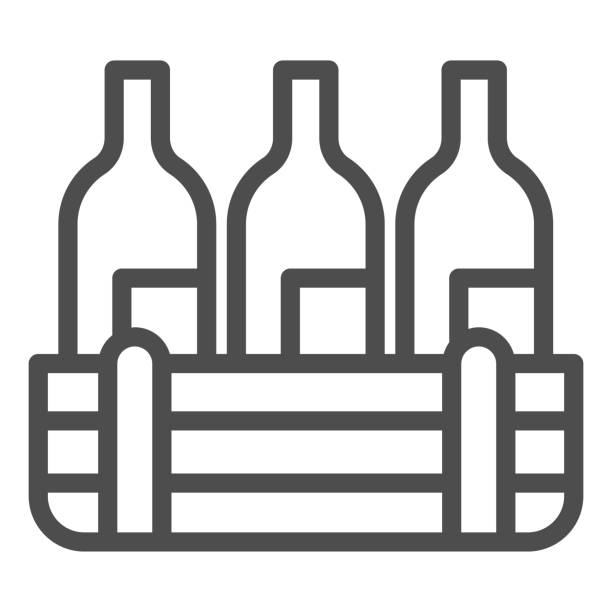 illustrations, cliparts, dessins animés et icônes de boîte de bouteilles de vin ligne icône. bouteille de boisson d’alcool dans le pictogramme de modèle de contour de caisse en bois sur le fond blanc. signes de production de caves pour le concept mobile et la conception web. graphiques vectoriels. - bottle bordeaux green wine