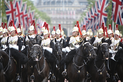 The Blues and Royals (the Royal Horse Guards and 1st Dragoon) during the Trooping the Colour held on the Queen's 90th birthday in 2016