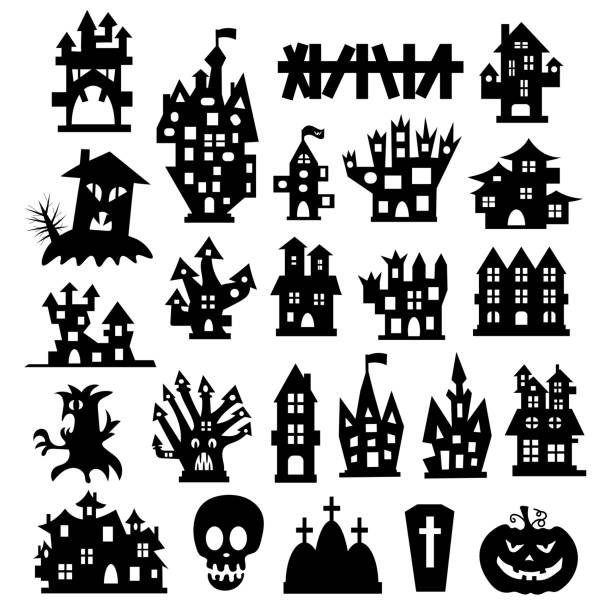 ilustraciones, imágenes clip art, dibujos animados e iconos de stock de conjunto de iconos de halloween. casa encantada de halloween aislada sobre un fondo blanco. ilustración vectorial - city night spooky skyline
