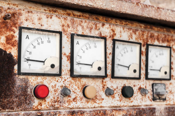 istock Industrial square ammeters in a row 1216986284