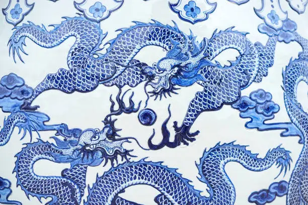 Photo of Dragon. A beautiful dragon pattern on a Chinese water jar. This is a common pattern and massively produced in Thailand and China.