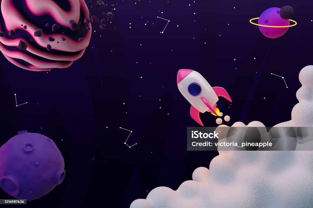 Outer space background with planets and stars. Rocket launch. 3d render Three Dimensional Stock Photo