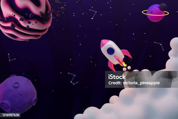 Outer Space Background With Planets And Stars Rocket Launch 3d Render Stock Photo - Download Image Now