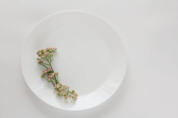 istock Minimalistic composition of the flower, and white dish. Achillea. Flat lay, top view, copy space 1216988516