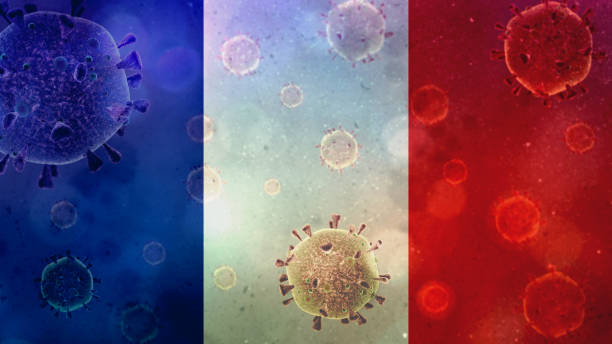 ilustración de la bandera de francia con el virus coronavirus covid-19 - interés humano fotografías e imágenes de stock