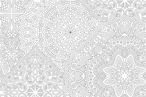 Art for coloring book with eastern pattern Beautiful black and white illustration for adult coloring book with abstract eastern rectangle linear pattern Coloring stock illustrations