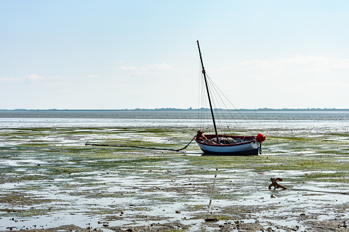 Boat at the Wadden Sea at Low Tide, Hallig Hooge, Wadden Sea National Park, Germany