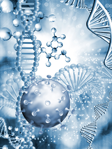Abstract image of coronaviruses on the background of a stylized image of the DNA chain. 3d illustration