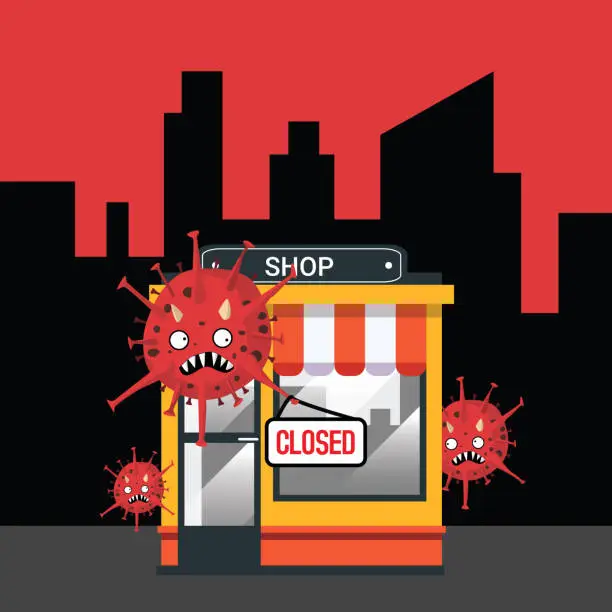 Vector illustration of Shop closed or bankrupt. Empty storefront and Coronavirus hanging closed sign plate on front, store is not working. Virus quarantine or self-isolation. Covid-19 pandemic, healthcare concept. Vector illustration