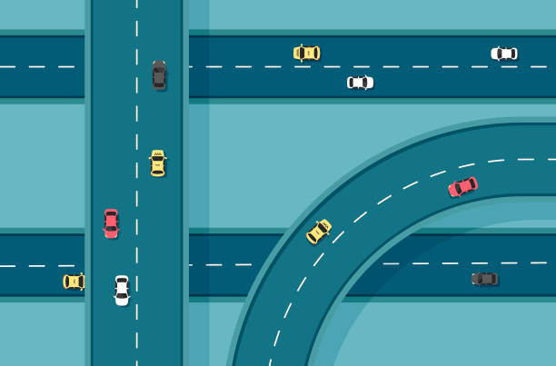 Top view road with different cars. Top view road with different cars. Autobahn and highway junction. City infrastructure with transportation elements.Vector illustration in a flat modern style. crossroad illustrations stock illustrations
