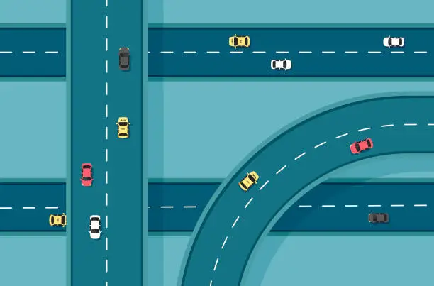 Vector illustration of Top view road with different cars.