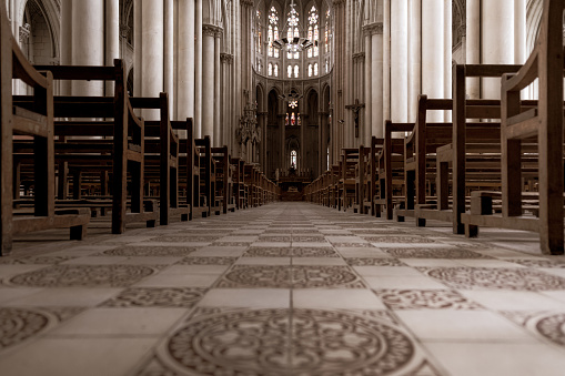 Photography of Cholet's Cathedral hallway. Hallway of a Cathedral in France, 2020.