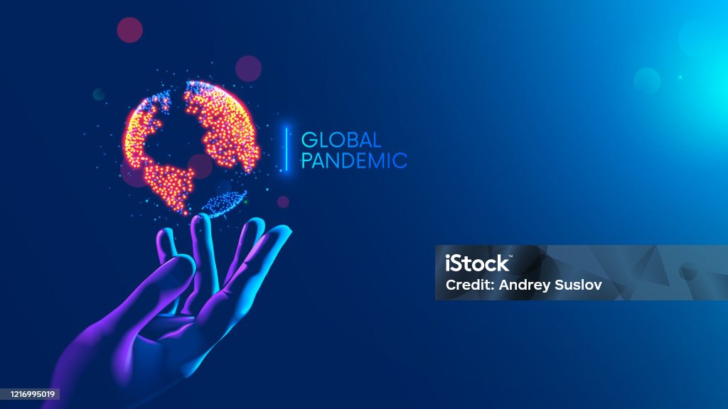 Global pandemic concept. Red dots show nidus of infection on continents of earth hanging over hand medical doctor. Map of World epidemic coronavirus covid-19. disease or Infection on planet on blue. Globe - Navigational Equipment stock vector