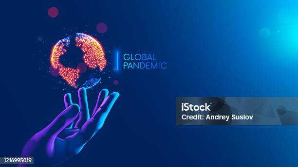 Global Pandemic Concept Red Dots Show Nidus Of Infection On Continents Of Earth Hanging Over Hand Medical Doctor Map Of World Epidemic Coronavirus Covid19 Disease Or Infection On Planet On Blue Stock Illustration - Download Image Now