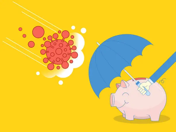Vector illustration of The businessman held an umbrella to protect his piggy bank from the COVID-19. Saving money concept stock illustration.