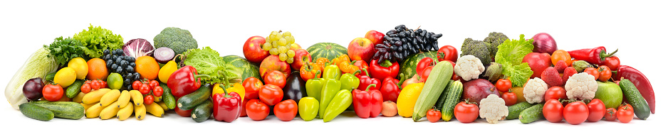 Wide photo multi-colored fresh fruits and vegetables isolated on white background