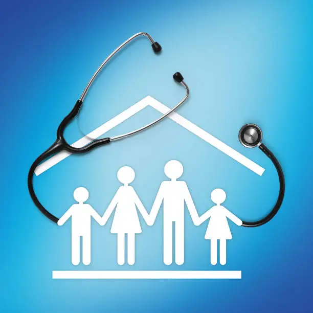 Photo of corona virus and lockdown concept, stethoscope with family symbol icon, isolated on blue background