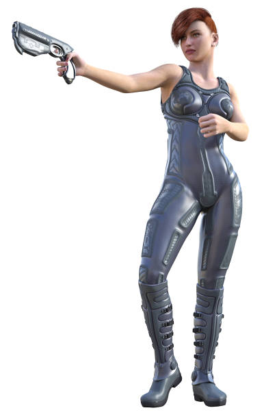 istock Futuristic woman Warrior armed with gun, grey uniform, 3d illustration 1216999186