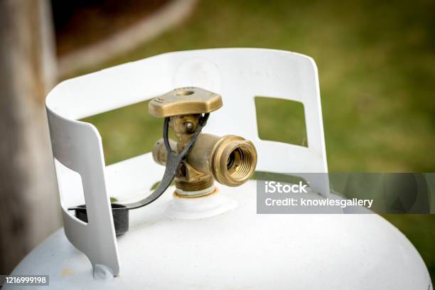 Single Close Up Of A Propane Take In A Backyard Stock Photo - Download Image Now - Propane, Storage Tank, Gas