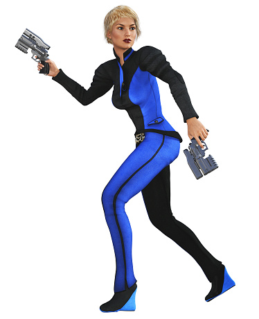 Woman in a black leather suit holding a gun