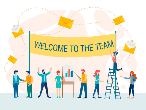 illustrazioni stock, clip art, cartoni animati e icone di tendenza di benvenuti nell'illustrazione vettoriale del concetto di team - welcome