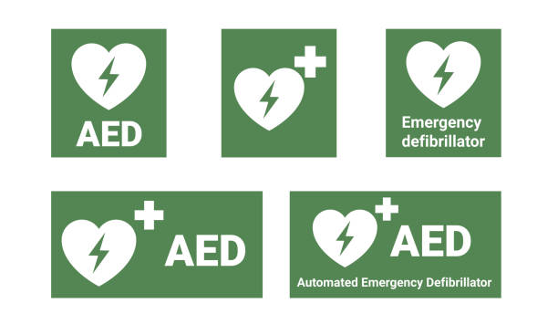 stockillustraties, clipart, cartoons en iconen met aed emergency defibrillator locatie borden of stickers. automatische externe defibrillator - defibrillator