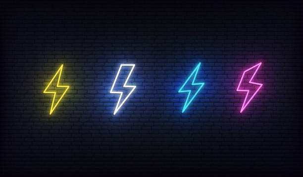 ilustraciones, imágenes clip art, dibujos animados e iconos de stock de rayo neón. conjunto de neón de energía. signo de relámpago, trueno y electricidad. - luz-fluorescente