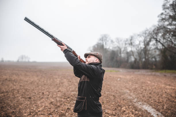 cazador apuntando escopeta en el cielo hacia faisanes - pheasant hunting fotos fotografías e imágenes de stock