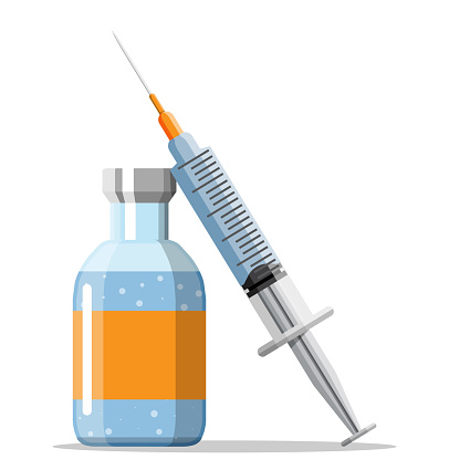 Ampoule and syringe with medicament. Vaccination concept. Injection syringe needles. Medical equipment. Healthcare, hospital and medical diagnostics. Vector illustration in flat style
