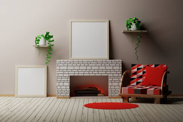 istock Country style room interior with fireplace and frame mockup 1217006737