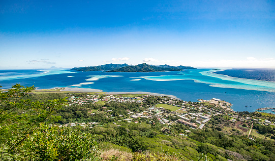 spectacular view over the barrier Reef between the Islands of Raiatea and Tahaa, Society Island, French Polynesia, South pacific Islands